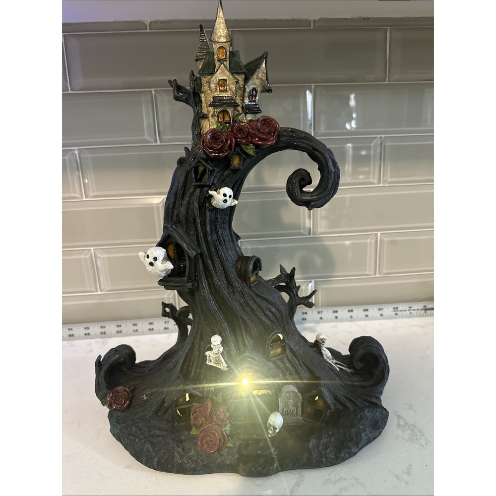 HALLOWEEN LIGHT UP & SOUND ON/OFF WITCH HAT TREE HOUSE W/GHOSTS & SKELETONS 16"